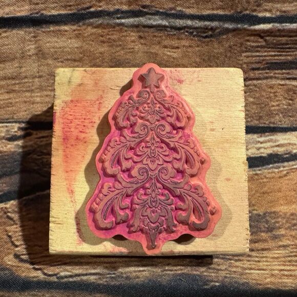 Ornate Christmas Tree Wood Stamps Wooden Mounted Holiday Crafts Scrapbooking - Picture 2 of 9